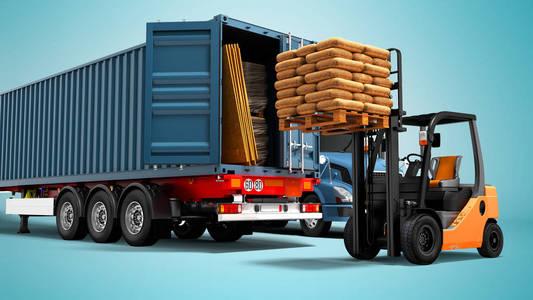 现代概念的装卸货物从卡车上的拖车与建筑材料和橙色叉车与托盘隔离3d